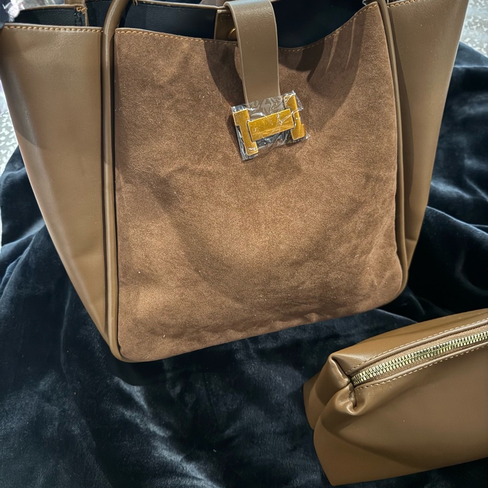 Commense Brown Hobo Bag with Suede Accent and Makeup Bag New Without Tags